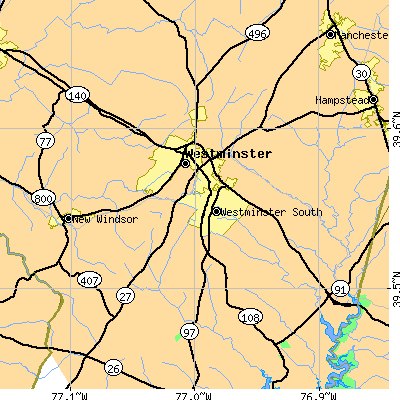 Zip code 21157 close-up map