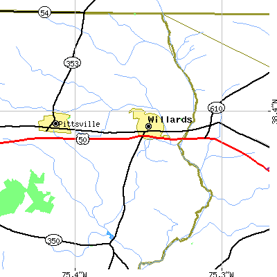 Zip code 21874 close-up map