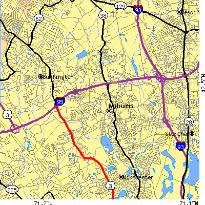 Zip code 01801 close-up map