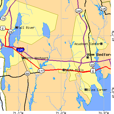 Zip code 02747 close-up map