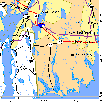 Zip code 02790 close-up map