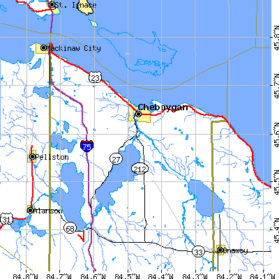 Zip code 49721 close-up map