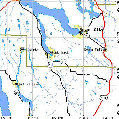 Zip code 49727 close-up map