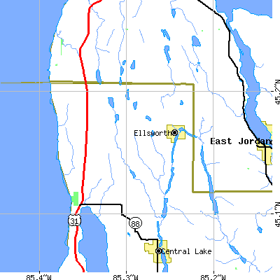 Zip code 49729 close-up map