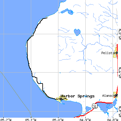 Zip code 49740 close-up map