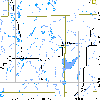 Zip code 49746 close-up map