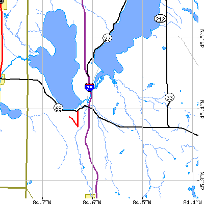 Zip code 49749 close-up map