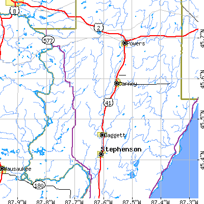Zip code 49821 close-up map