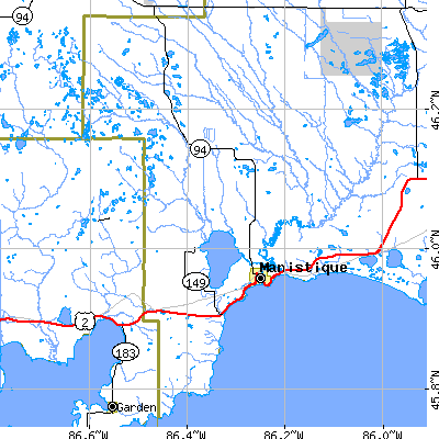 Zip code 49854 close-up map