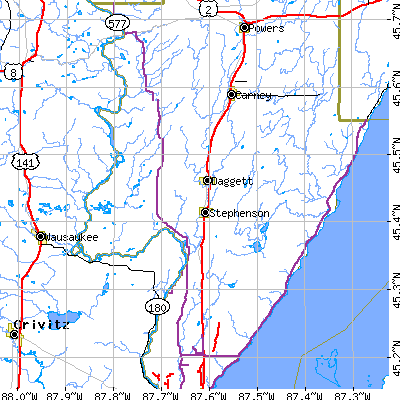Zip code 49887 close-up map