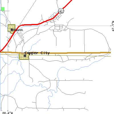 Zip code 49917 close-up map