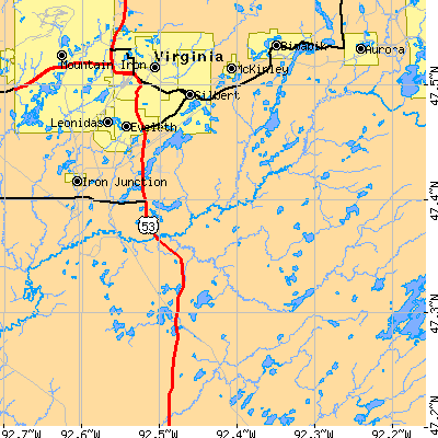 Zip code 55734 close-up map