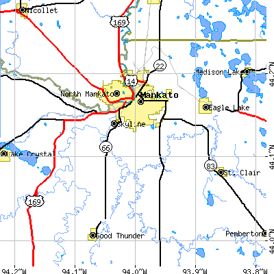 Zip code 56001 close-up map