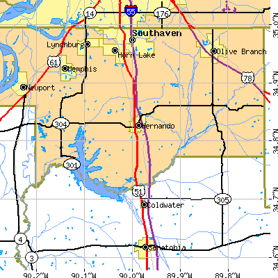 Zip code 38632 close-up map