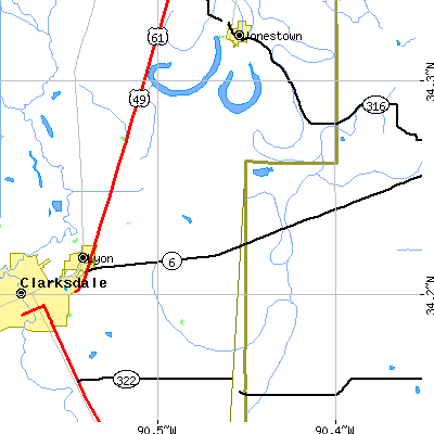 Zip code 38645 close-up map