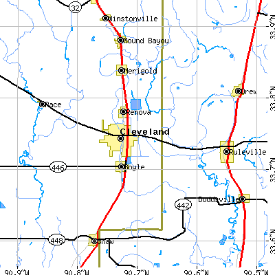Zip code 38732 close-up map