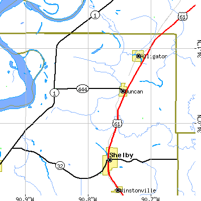 Zip code 38740 close-up map