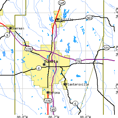 Zip code 38804 close-up map