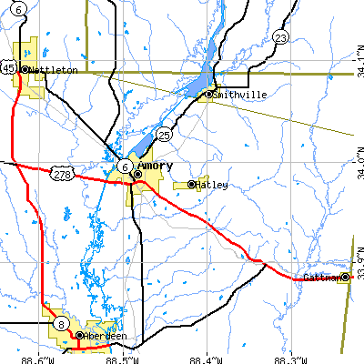 Zip code 38821 close-up map