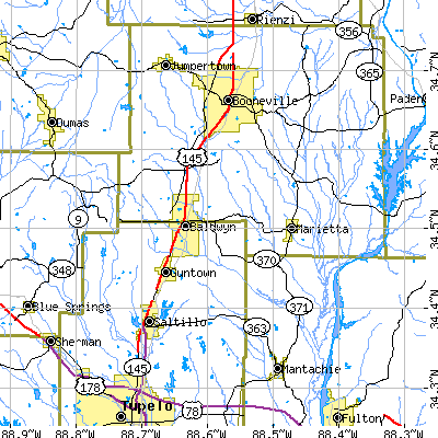 Zip code 38824 close-up map