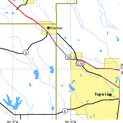 Zip code 38826 close-up map