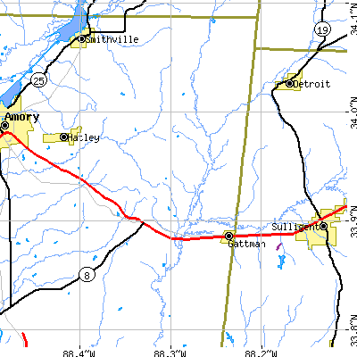 Zip code 38848 close-up map