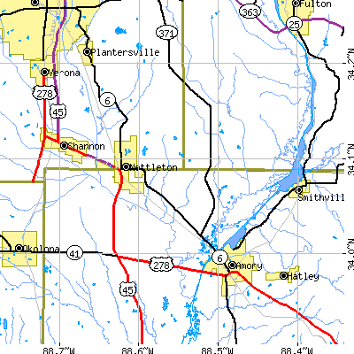 Zip code 38858 close-up map