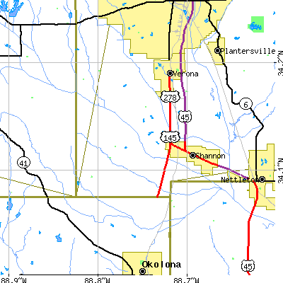 Zip code 38868 close-up map
