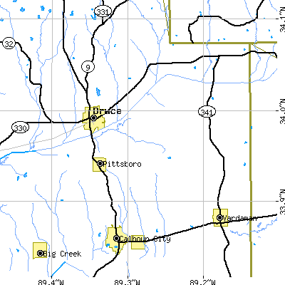 Zip code 38951 close-up map