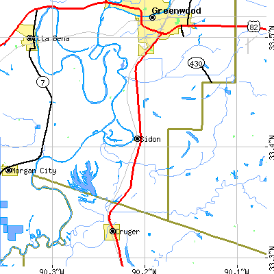 Zip code 38954 close-up map