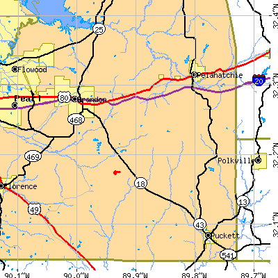 Zip code 39042 close-up map