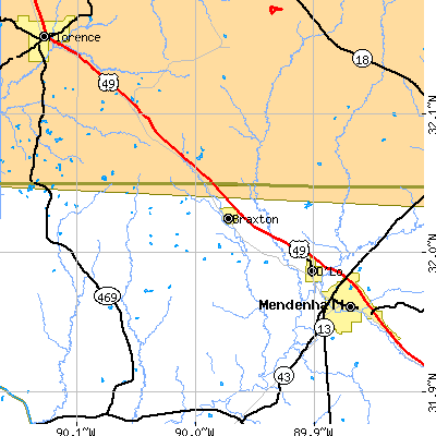 Zip code 39044 close-up map