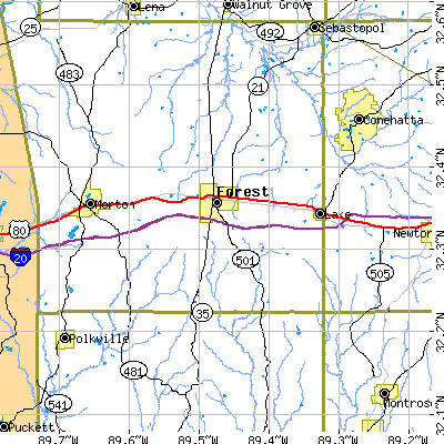 Zip code 39074 close-up map