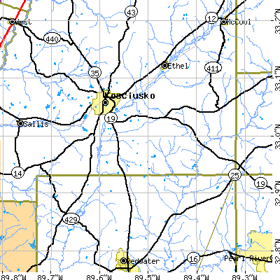 Zip code 39090 close-up map