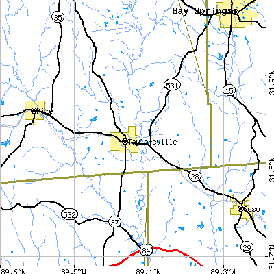 Zip code 39168 close-up map