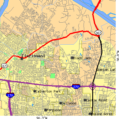 Zip code 63033 close-up map
