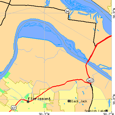 Zip code 63034 close-up map