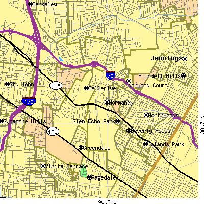 Zip code 63121 close-up map