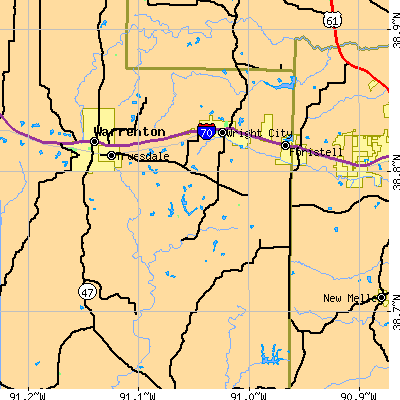Zip code 63390 close-up map