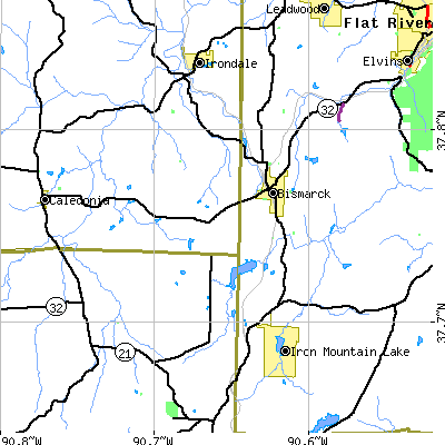 Zip code 63624 close-up map