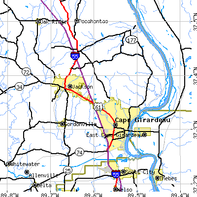Zip code 63701 close-up map