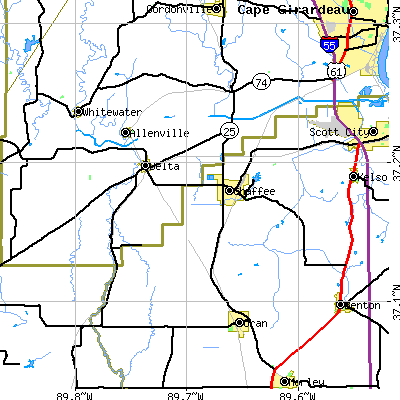 Zip code 63740 close-up map