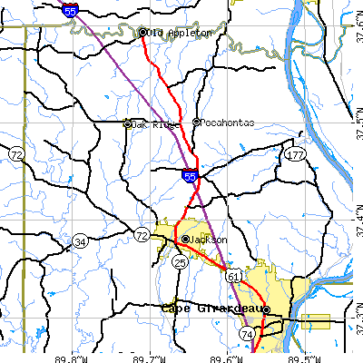Zip code 63755 close-up map