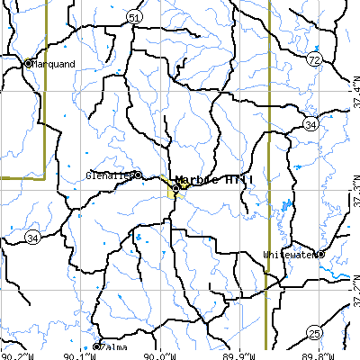 Zip code 63764 close-up map
