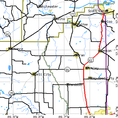 Zip code 63771 close-up map