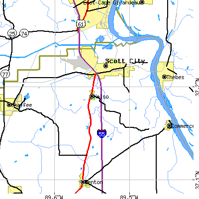 Zip code 63780 close-up map