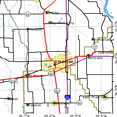 Zip code 63801 close-up map