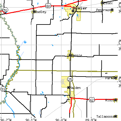 Zip code 63822 close-up map