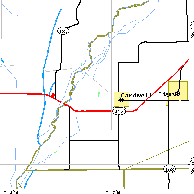 Zip code 63829 close-up map
