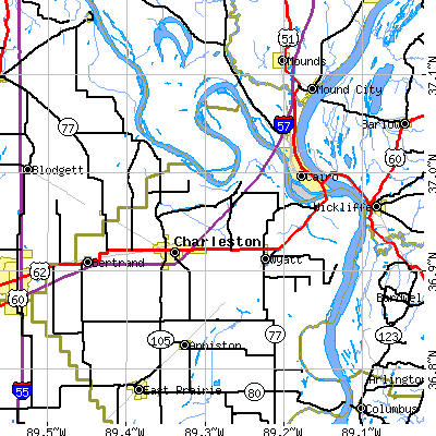 Zip code 63834 close-up map